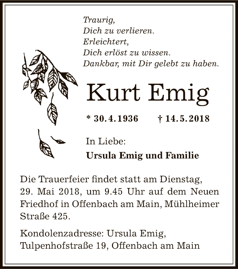  Traueranzeige für Kurt Emig vom 23.05.2018 aus Offenbach