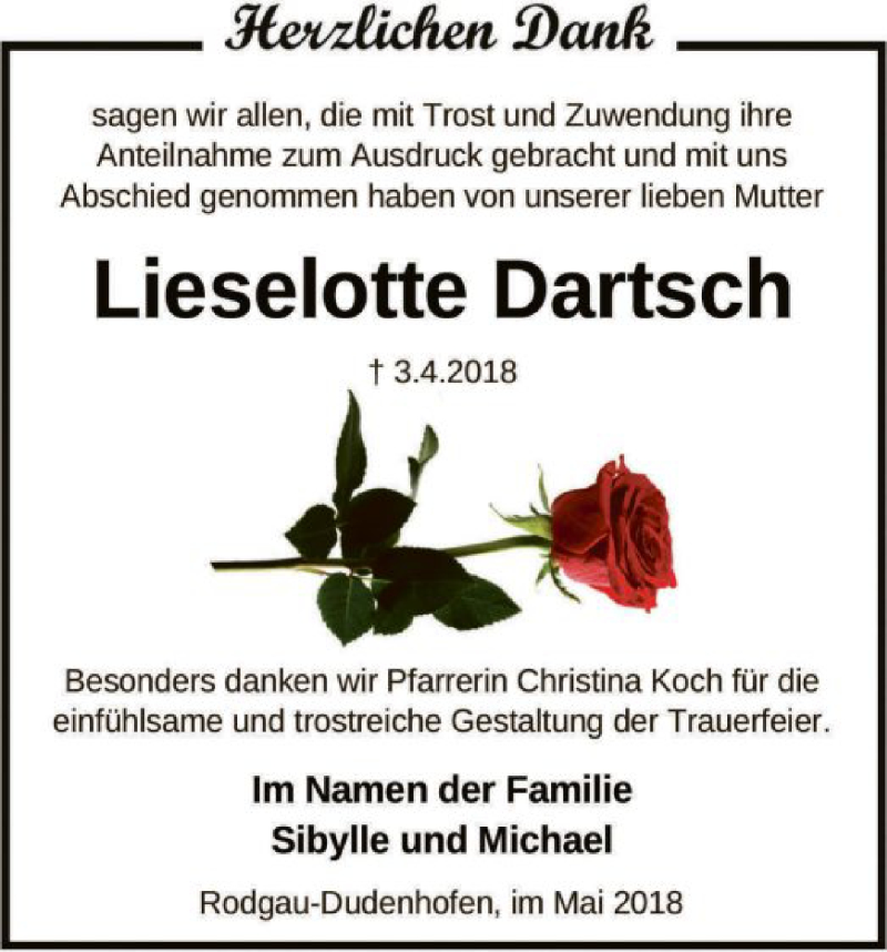  Traueranzeige für Lieselotte Dartsch vom 31.05.2018 aus Offenbach