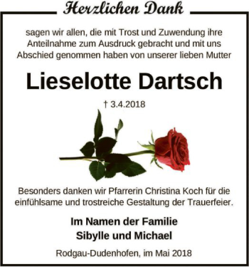 Traueranzeige von Lieselotte Dartsch von Offenbach