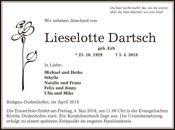 Traueranzeige von Lieselotte Dartsch von Offenbach