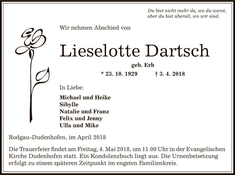  Traueranzeige für Lieselotte Dartsch vom 03.05.2018 aus Offenbach