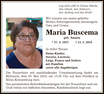 Traueranzeige von Maria Buscema von Offenbach