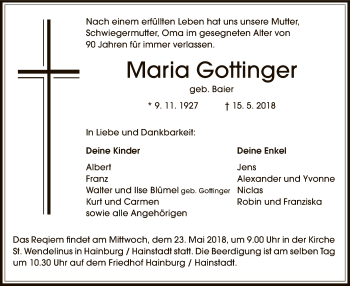 Traueranzeige von Maria Gottinger von Offenbach