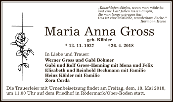 Traueranzeige von Maria Anna Gross von Offenbach