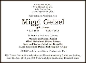 Traueranzeige von Miggi Geisel von Offenbach