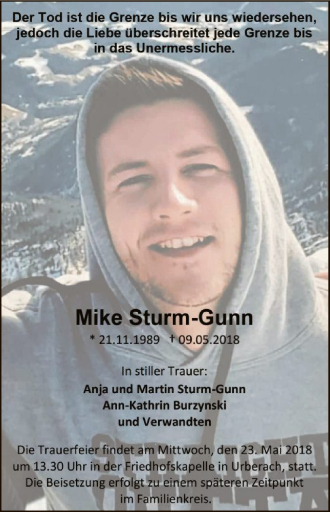  Traueranzeige für Mike Sturm-Gunn vom 16.05.2018 aus Offenbach