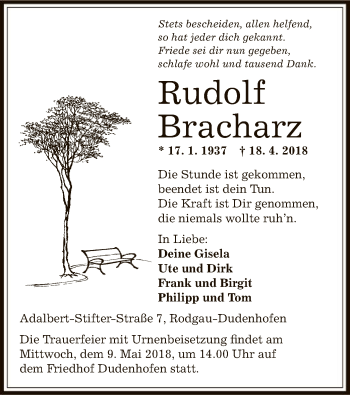 Traueranzeige von Rudolf Bracharz von Offenbach