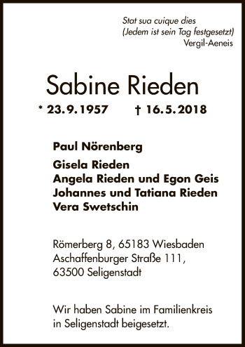 Traueranzeige von Sabine Rieden von Offenbach