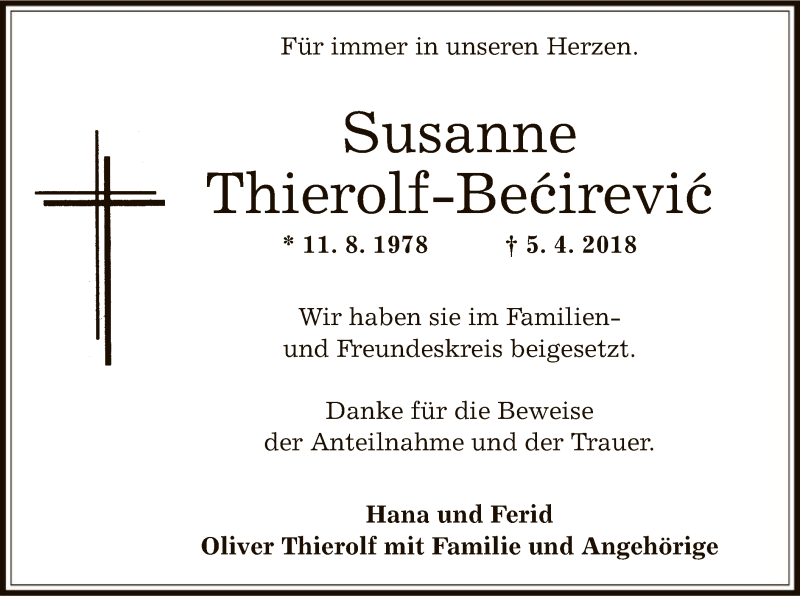  Traueranzeige für Susanne Thierolf-Becirevic vom 03.05.2018 aus Offenbach