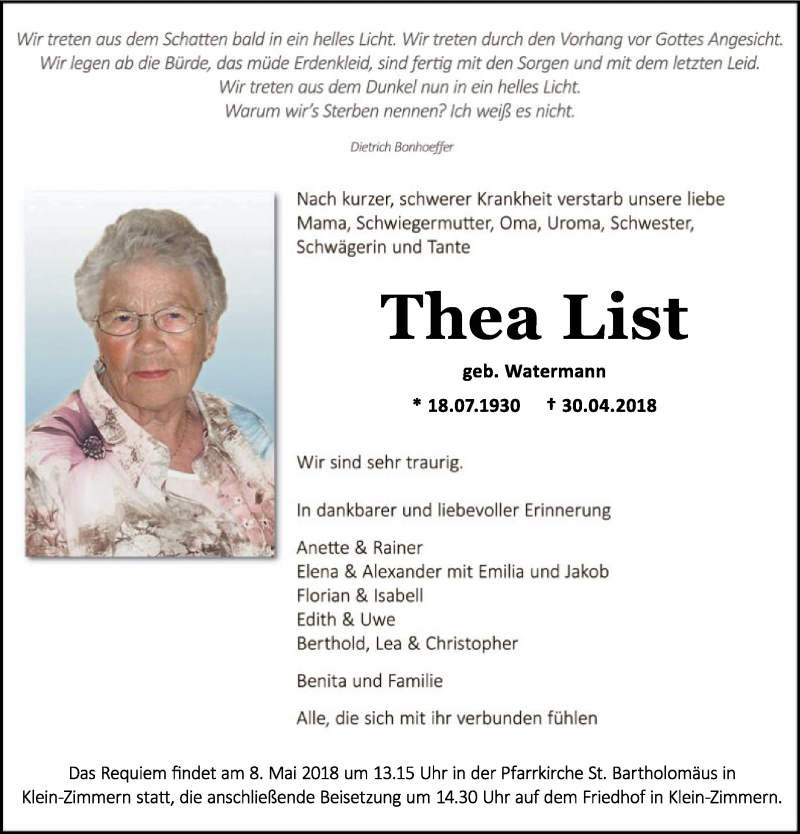  Traueranzeige für Thea List vom 05.05.2018 aus Offenbach