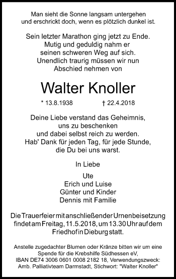 Traueranzeige von Walter Knoller von Offenbach