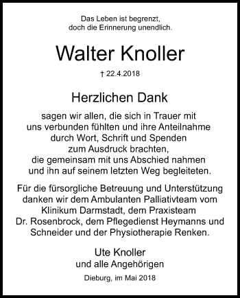 Traueranzeige von Walter Knoller von Offenbach