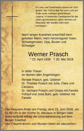 Traueranzeige von Werner Prasch von Offenbach