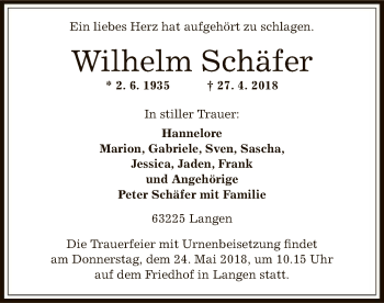 Traueranzeige von Wilhelm Schäfer von Offenbach