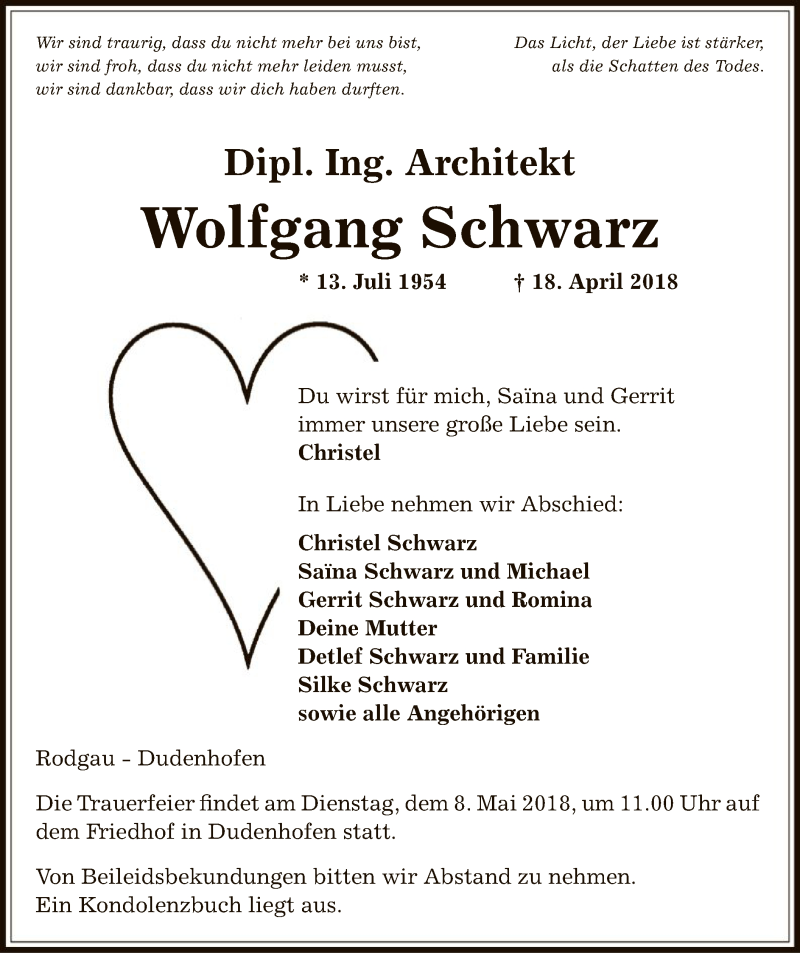  Traueranzeige für Wolfgang Schwarz vom 03.05.2018 aus Offenbach