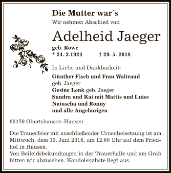 Traueranzeige von Adelheid Jaeger von Offenbach