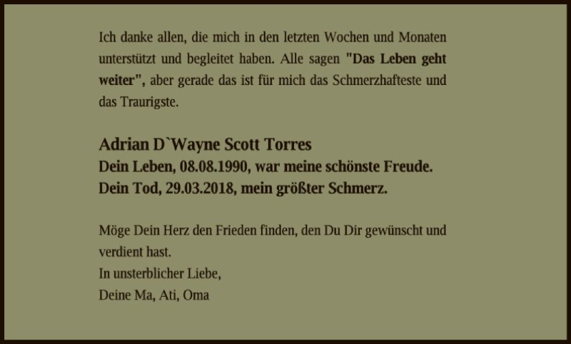  Traueranzeige für Adrian  D´Wayne Scoot Torres vom 13.06.2018 aus Offenbach
