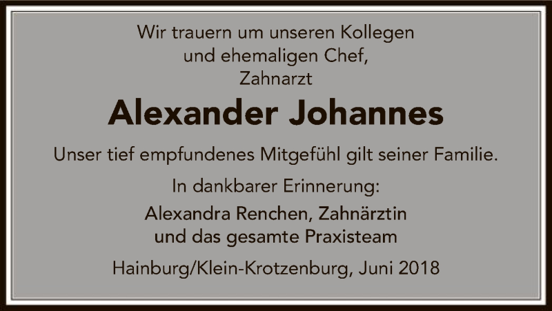  Traueranzeige für Alexander Johannes vom 07.06.2018 aus Offenbach