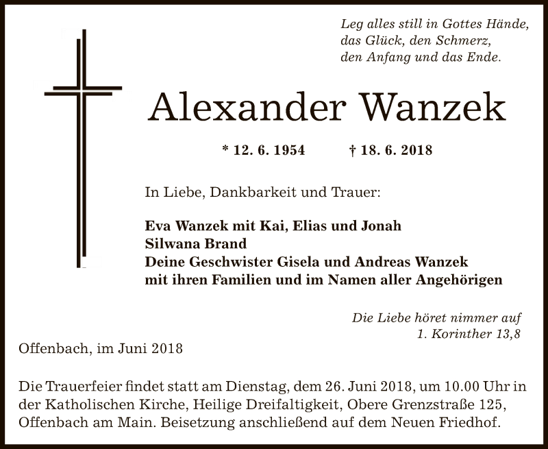  Traueranzeige für Alexander Wanzek vom 23.06.2018 aus Offenbach