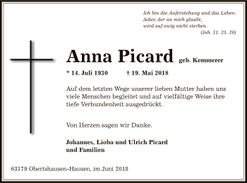 Traueranzeige von Anna Picard von Offenbach