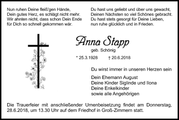 Traueranzeige von Anna Stapp von Offenbach