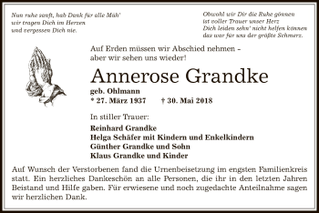 Traueranzeige von Annerose Grandke von Offenbach