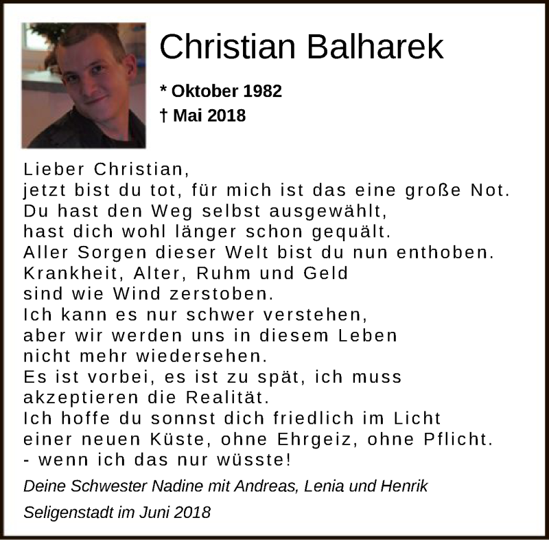  Traueranzeige für Christian Balharek vom 13.06.2018 aus Offenbach