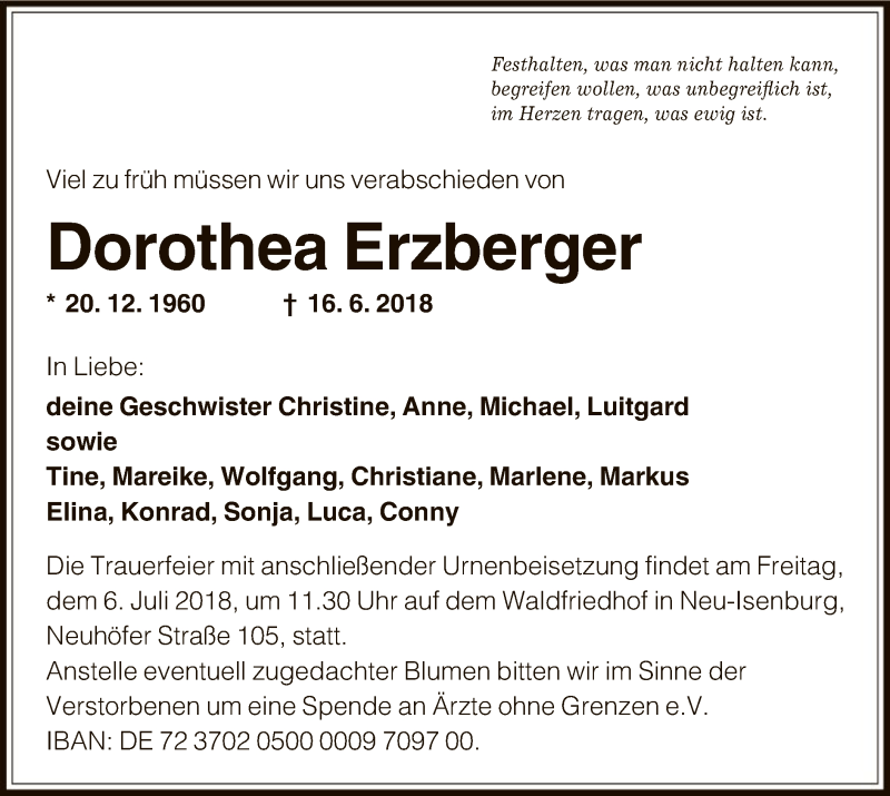  Traueranzeige für Dorothea Erzberger vom 28.06.2018 aus Offenbach