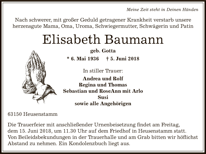  Traueranzeige für Elisabeth Baumann vom 13.06.2018 aus Offenbach