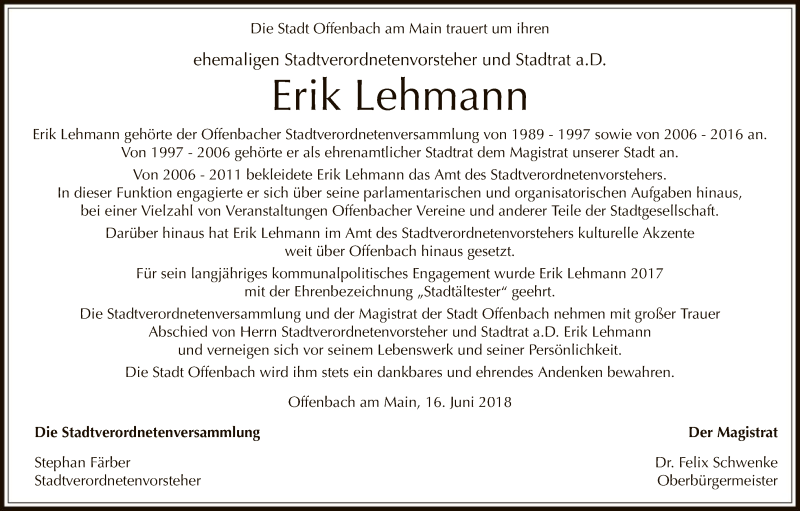  Traueranzeige für Erik Lehmann vom 16.06.2018 aus Offenbach