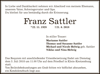 Traueranzeige von Franz Sattler von Offenbach