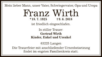 Traueranzeige von Franz Wirth von Offenbach