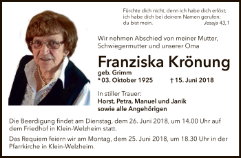 Traueranzeige von Franziska Krönung von Offenbach