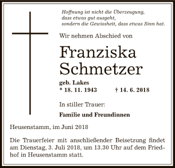 Traueranzeige von Franziska Schmetzer von Offenbach