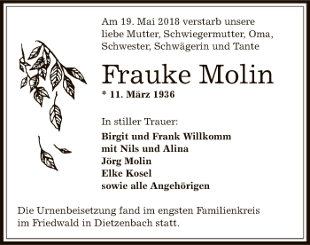 Traueranzeige von Frauke Molin von Offenbach