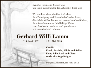 Traueranzeige von Gerhard Willi Lamm von Offenbach