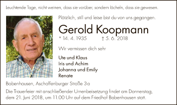 Traueranzeige von Gerold Koopmann von Offenbach