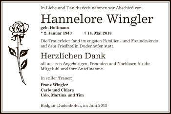 Traueranzeige von Hannelore Wingler von Offenbach