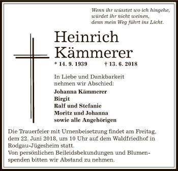 Traueranzeige von Heinrich Kämmerer von Offenbach