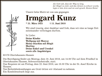 Traueranzeige von Irmgard Kunz von Offenbach