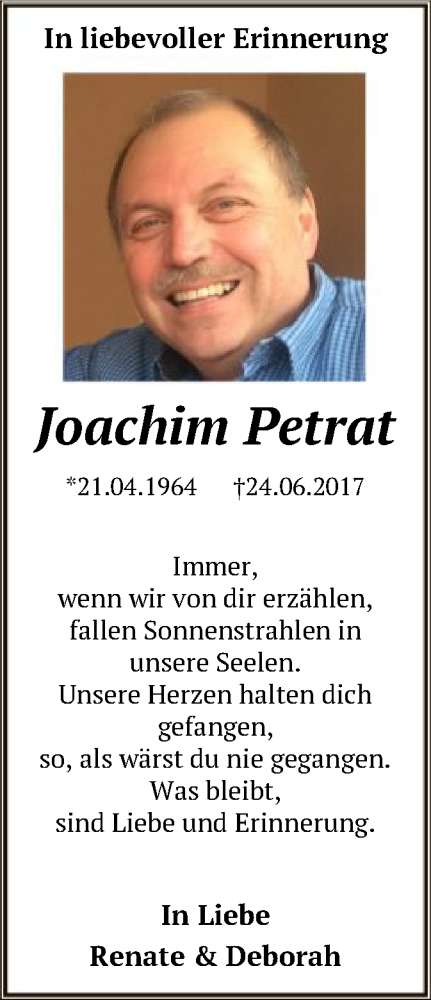  Traueranzeige für Joachim Petrat vom 27.06.2018 aus Offenbach