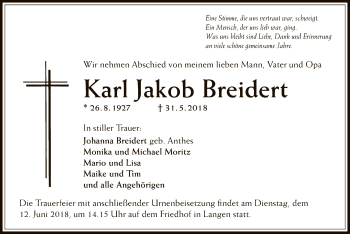 Traueranzeige von Karl Jakob Breidert von Offenbach