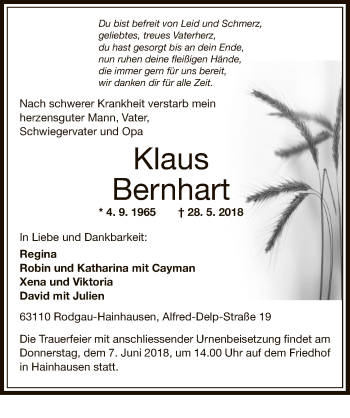 Traueranzeige von Klaus Bernhart von Offenbach