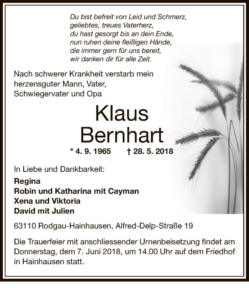  Traueranzeige für Klaus Bernhart vom 07.06.2018 aus Offenbach