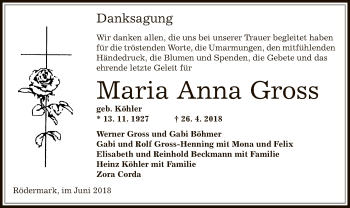 Traueranzeige von Maria Anna Gross von Offenbach