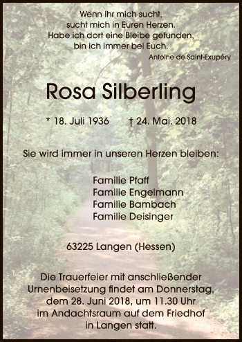 Traueranzeige von Rosa Silberling von Offenbach