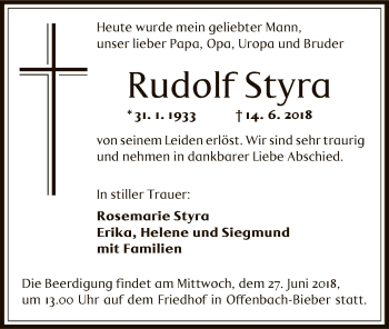 Traueranzeige von Rudolf Styra von Offenbach