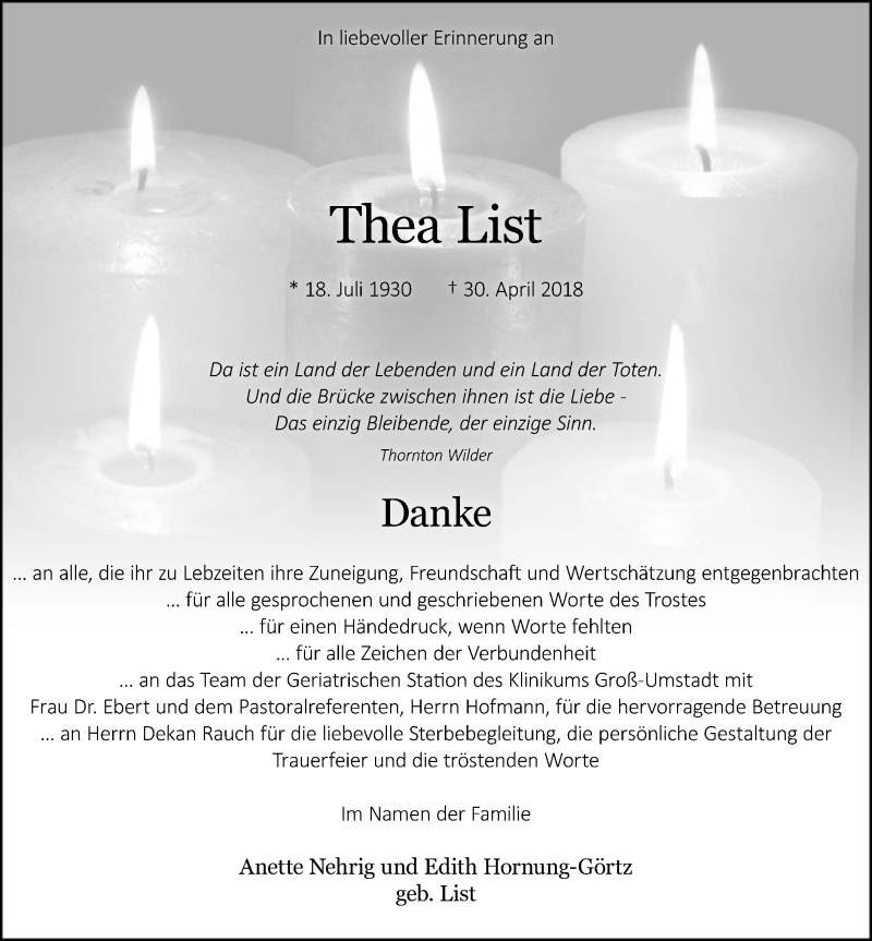  Traueranzeige für Thea List vom 09.06.2018 aus Offenbach