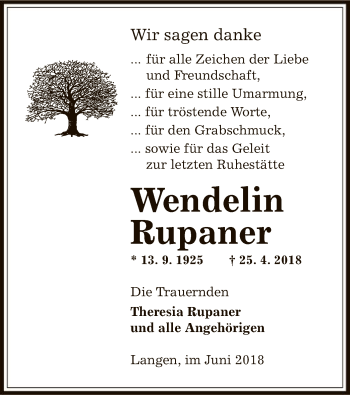 Traueranzeige von Wendelin Rupaner von Offenbach