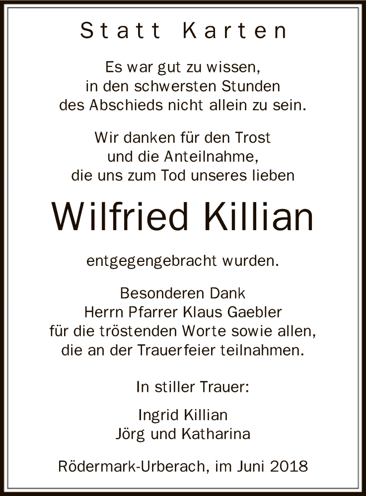  Traueranzeige für Wilfried Killian vom 07.06.2018 aus Offenbach